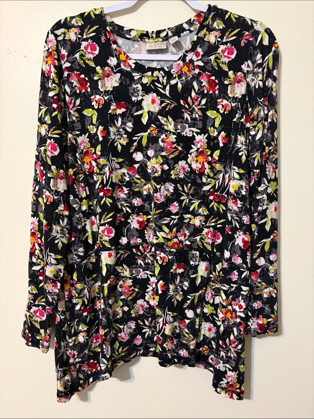 LOGO by Lori Goldstein Black Floral Peplum Tunic with Pink & Green Accents